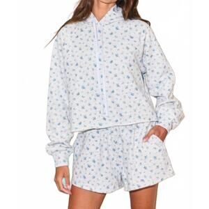 NEW BUCKETLIST floral print lounge crop hoodie in white/blue
